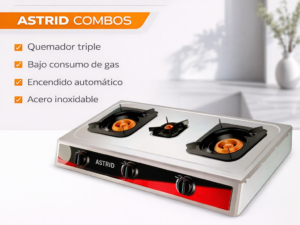 Cosina de gas de 3 quemadores color acero inoxidable