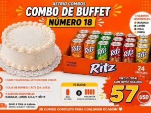 Combo de buffet número 18 cake con caja de refresco gaseado de 24 unidades 4 variedad de sabores dependiendo la disponibilidad